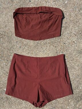 Matching Strapless Bandeau & High-Waist Shorts Set - Rust